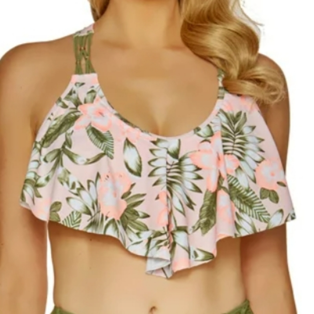EUC Time and Tru Pink And Green floral bikini top